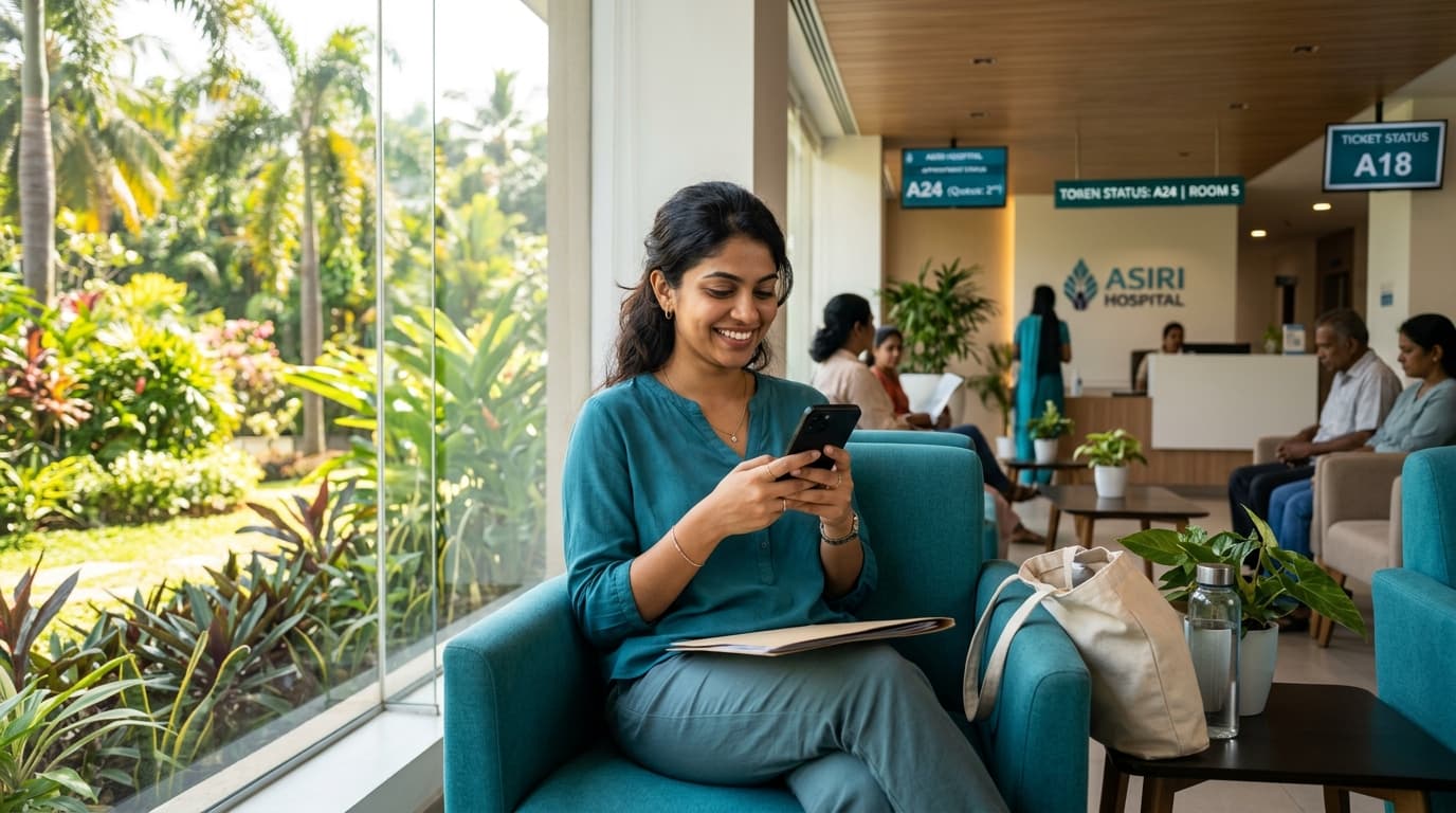 Sri Lankan Citizen Using HealthNexus Mobile Digital Queue in Hospital Lounge