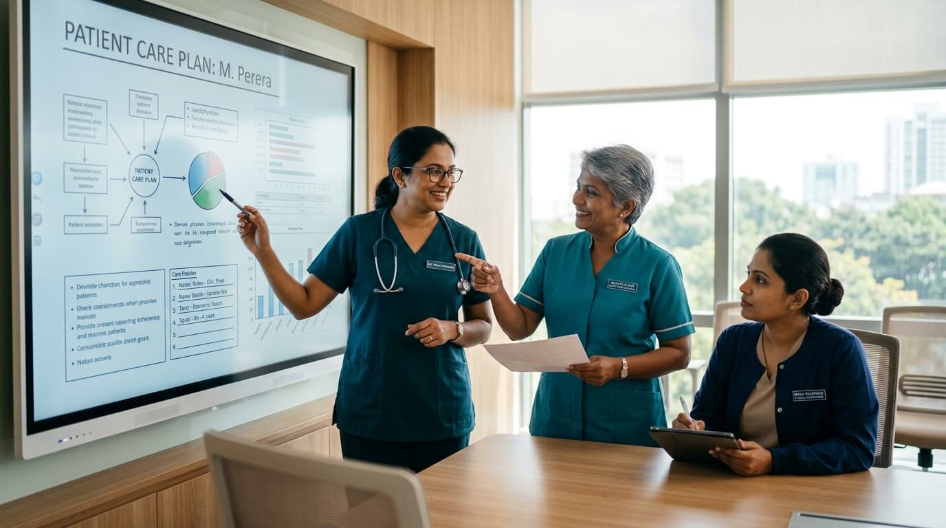 Sri Lankan Healthcare Team Collaborating around Patient Care Plan Display